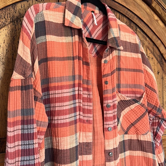 EUC Free People Orange Fall Cotton Plaid Button Down Shirt - Picture 3 of 9